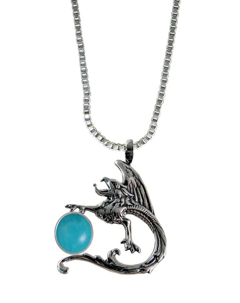 Sterling Silver Tattoo Dragon Pendant With Turquoise
